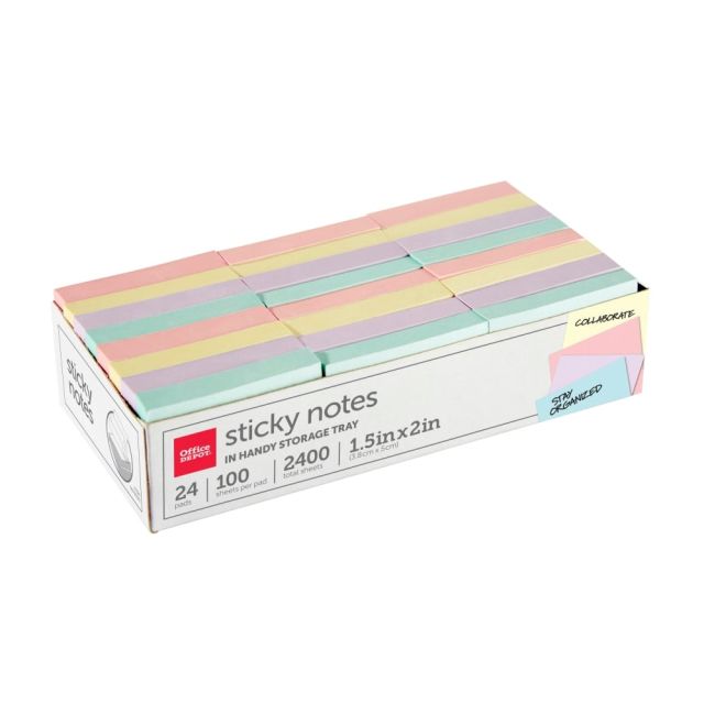 Office Depot Brand Sticky Notes, With Storage Tray, 1-1/2in x 2in, Assorted Pastel 21531-24PK