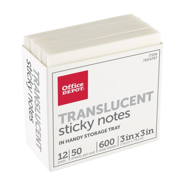 Office Depot Brand Translucent Sticky Notes, With Storage Tray, 3in x 3in, Clear, 50 21712-12PK