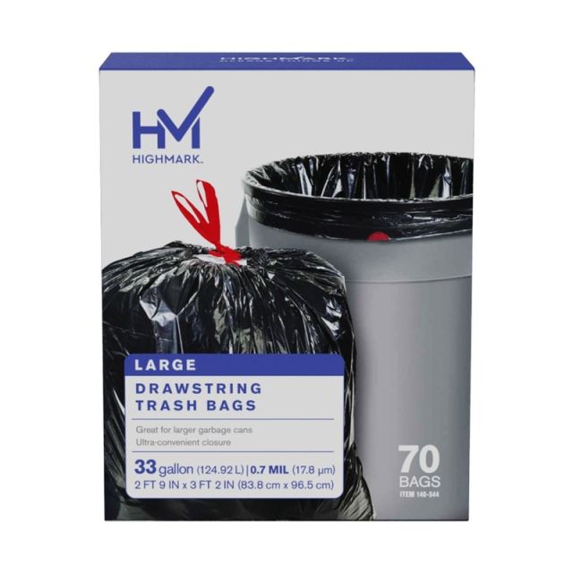 Highmark Large Drawstring Trash Bags, 33 Gallon, Black, Box Of 70 Bags (Min Order Qty 5) DP00544