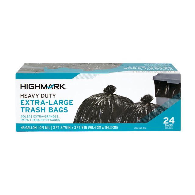 Highmark Heavy Duty 0.9 mil. Extra-Large Trash Bags, 45 Gallon, 45in x 38.75in, Black, Box Of 24 (Min Order Qty 8) MPN:DP00568