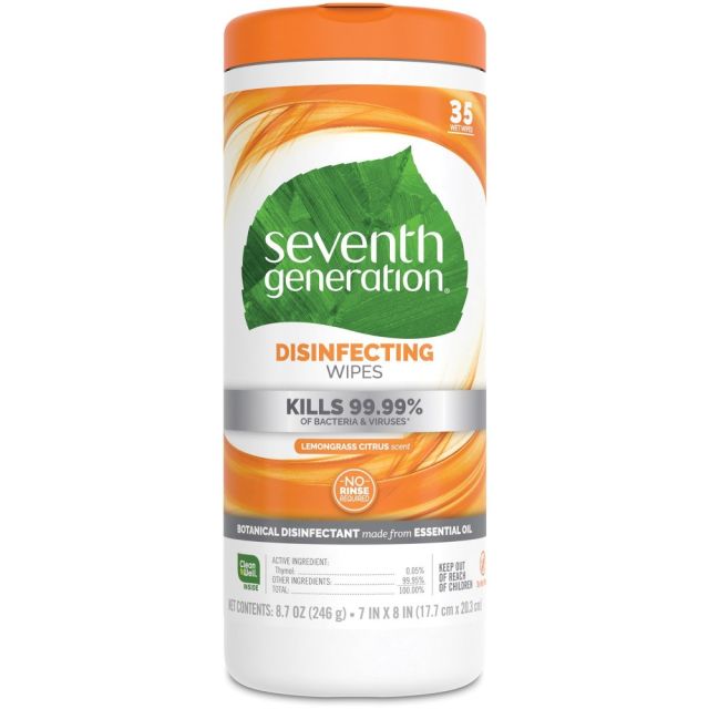 Seventh Generation Disinfecting Cleaner - Wipe - Lemongrass Citrus Scent - 7in Width x 8in Length - 35 / Canister - 12 / Carton MPN:SEV22812CT
