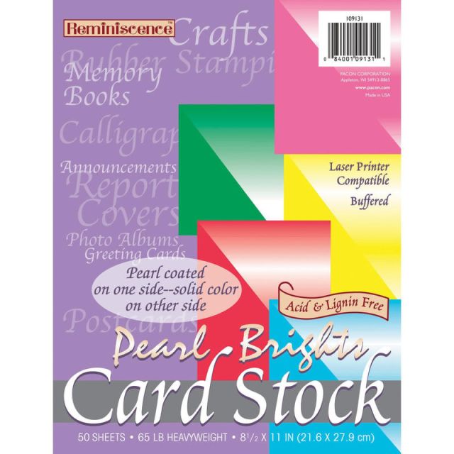Pacon Pearl Cardstock - Assorted Bright - Letter - 8 1/2in x 11in - 65 lb Basis Weight - Pearl Brights - 1 / Pack - Acid-free, Lignin-free, Heavyweight, Archival-safe (Min Order Qty 4) MPN:109131