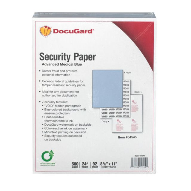 DocuGard Advanced Medical Security Paper - Letter - 8 1/2in x 11in - 24 lb Basis Weight - 500 / Ream - Tamper Resistant, Watermarked, CMS Approved (Min Order Qty 2) MPN:04545