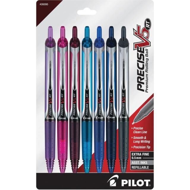 Pilot PRECISE V5 RT Premium Rolling Ball Pens, Pack Of 7, Extra Fine Point, 0.5 mm, Assorted Colors (Min Order Qty 4) MPN:26095