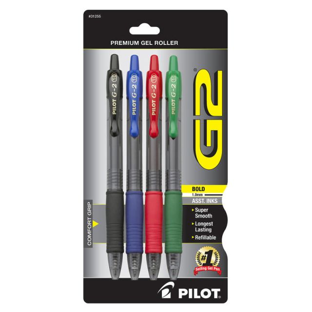 Pilot G2 Retractable Gel Pens, Bold Point, 1.0 mm, Assorted Barrels, Assorted Ink Colors, Pack Of 4 (Min Order Qty 10) MPN:31255