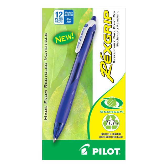 Pilot Rexgrip BeGreen Retractable Ballpoint Pens, Medium Point, 1.0 mm, Blue Barrel, Blue Ink, Pack Of 12 Pens (Min Order Qty 3) MPN:32371