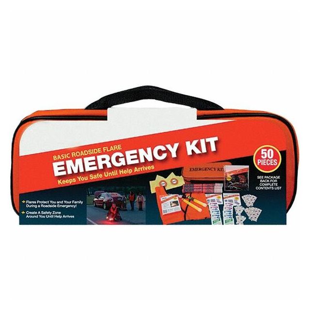 Highway Safety Kits, Includes: (2) Carrying Cases,(2) Light Sticks,(3) 15-minute Flares,(3) Shop Cloths First Aid Products,Bright Safety Vest MPN:95-07-60