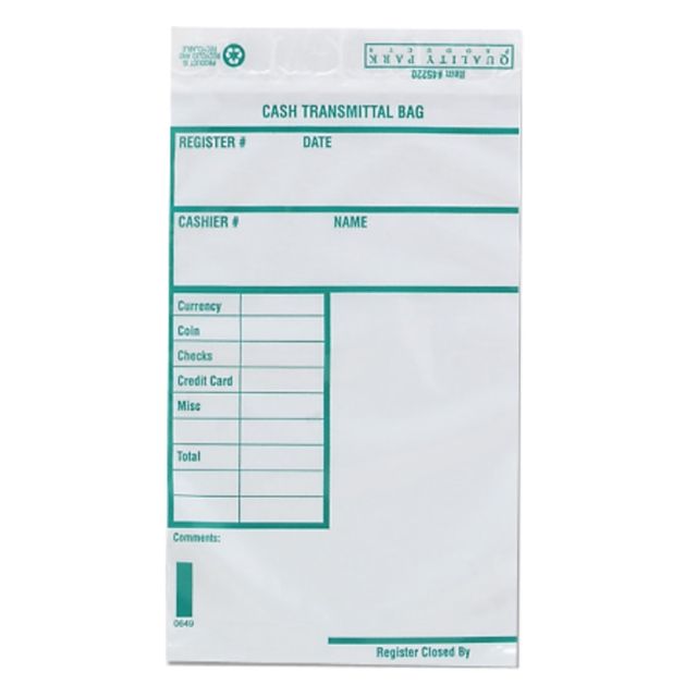 Quality Park Tamper-Evident Cash Transmittal Bags With Redi-Strip, 6in x 9in, White, Pack Of 100 MPN:45220