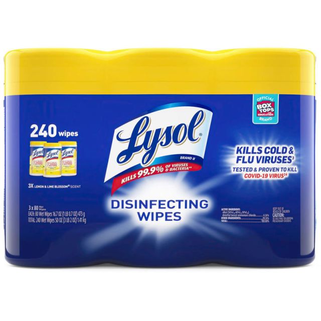 Lysol Disinfecting Wipes, Lemon/Lime Blossom, 7in x 8in, 80 Wipes Per Canister, Pack Of 3 Canisters (Min Order Qty 3)