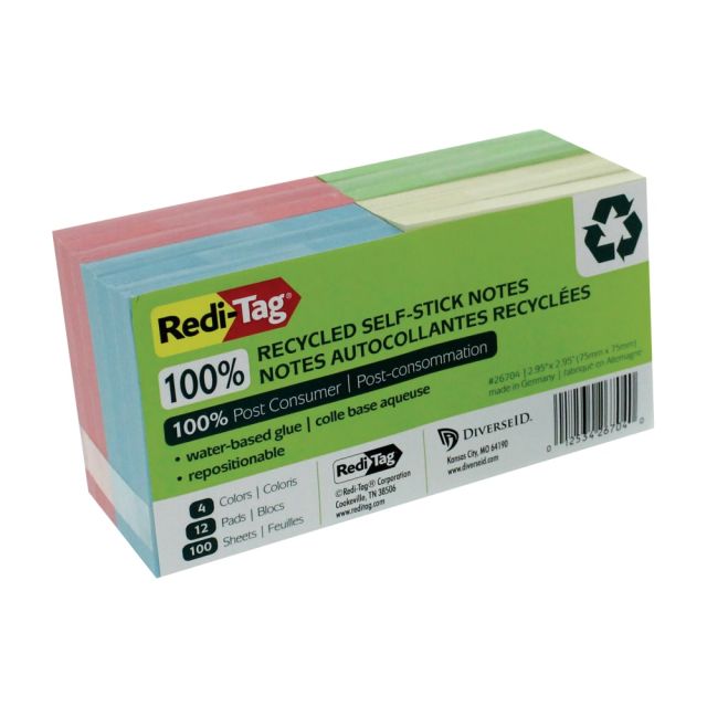 Redi-Tag FSC Certified 100% Recycled Self-Stick Notes, 3in x 3in, Assorted Pastel Colors, 100 Sheets Per Pad, Pack Of 12 Pads (Min Order Qty 4) MPN:26704