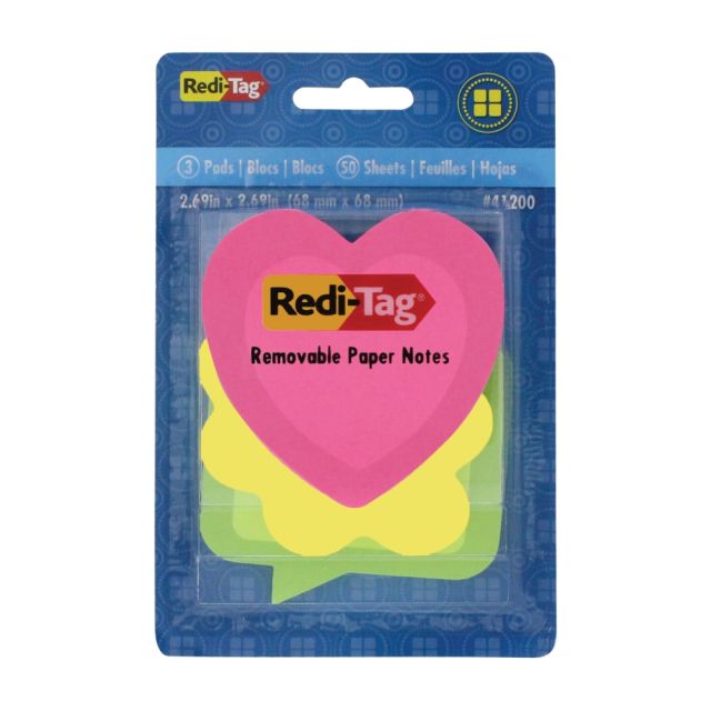 Redi-Tag Designer Self-Stick Notes, 2 9/16in x 2 9/16in, Assorted Neon Shapes, 50 Sheets Per Pad, Pack Of 3 Pads (Min Order Qty 5) MPN:41200