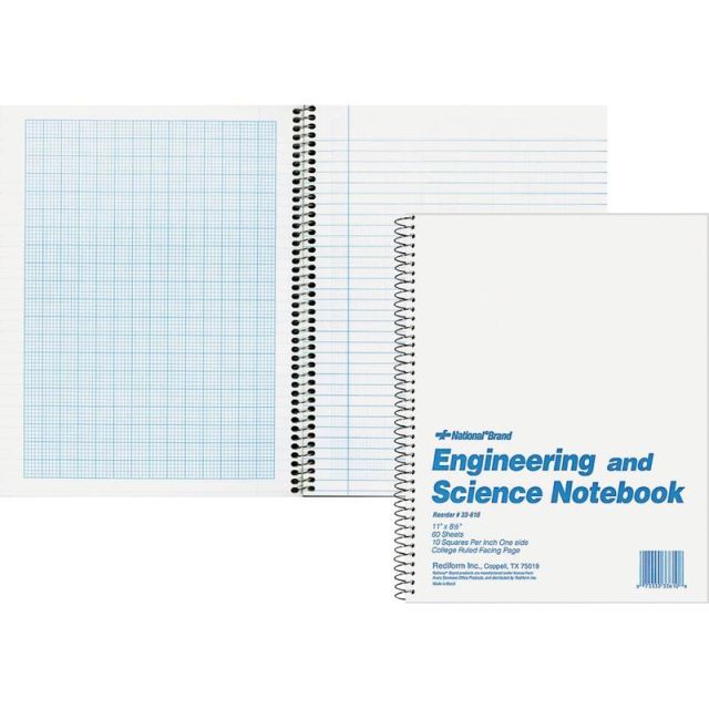 Rediform Engineering and Science Notebook - Letter - 60 Sheets - Wire Bound - Both Side Ruling Surface - Light Blue Margin - 16 lb Basis Weight - Letter - 8 1/2in x 11in - White Paper - White Cover - Unpunched, Heavyweight, Hard Cover (Min Order Qty 6) MP