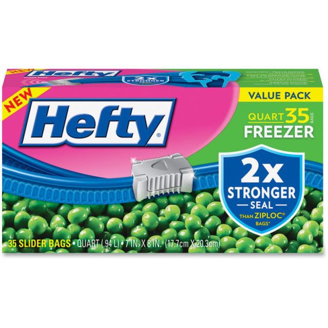 Hefty Quart Freezer Slider Bags - 1 quart - 7in Width x 8in Length x 2.50 mil (63 Micron) Thickness - Clear - Plastic - 315/Carton - 35 Per Box - Food MPN:R82235CT