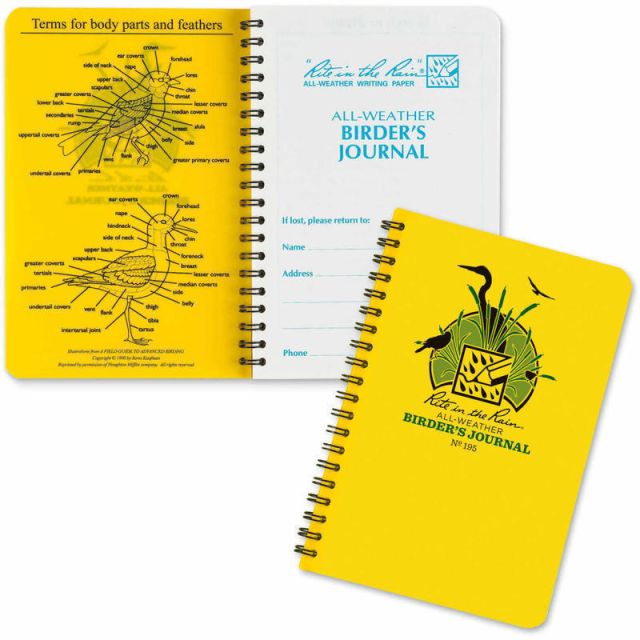 Rite in the Rain All-Weather Spiral Notebooks, Birders Journal, 4-5/8in x 7in, 64 Pages (32 Sheets), Yellow, Pack Of 12 Notebooks MPN:195