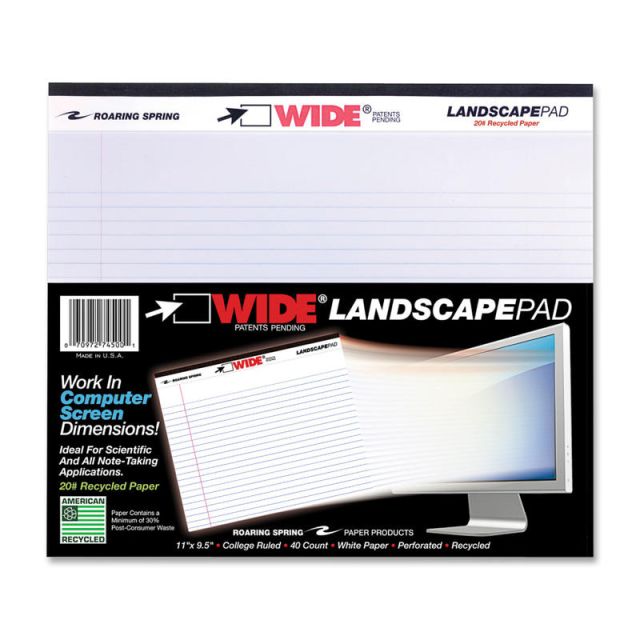 WIDE Landscape Format Writing Pad, Medium/College Rule, 11 x 9.5, White, 40 Sheets (Min Order Qty 12) MPN:74500