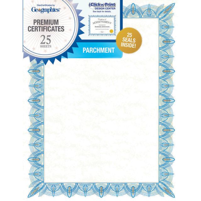 Geographics Parchment Certificates, 8-1/2in x 11in, Classic Blue, Pack Of 25 (Min Order Qty 10) MPN:39087