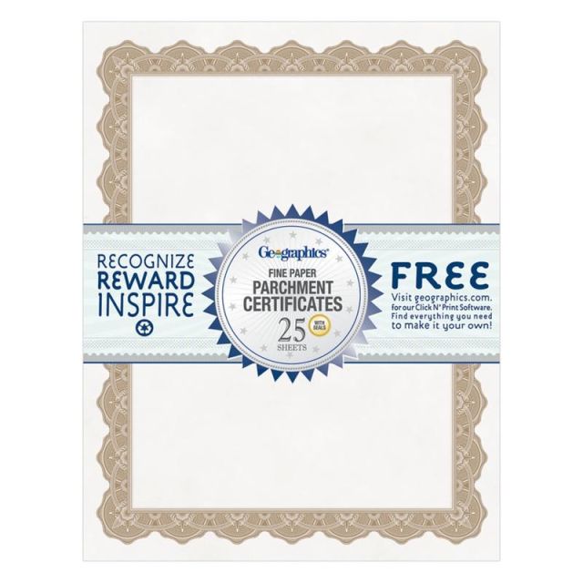 Geographics Parchment Certificates, 8-1/2in x 11in, Optima Gold, Pack Of 25 (Min Order Qty 32) MPN:39451