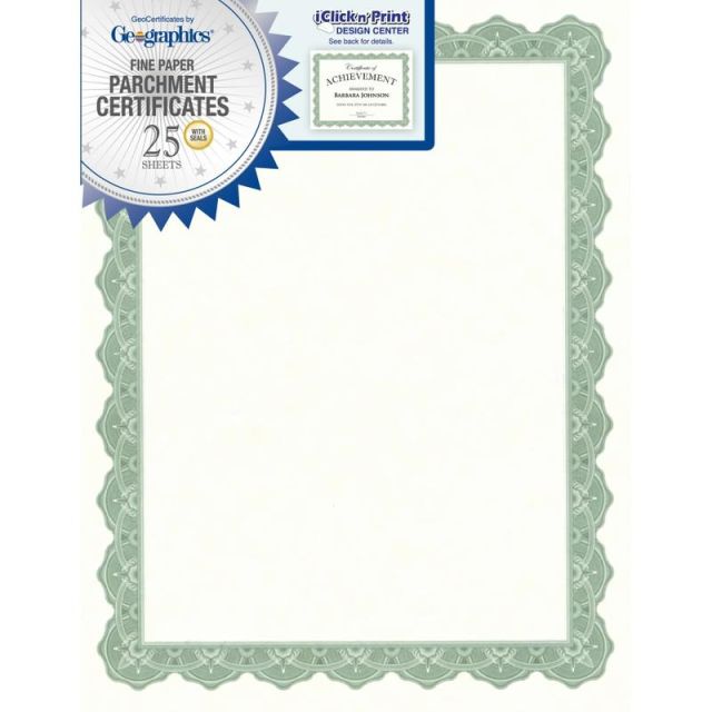 Geographics Parchment Certificates, 8-1/2in x 11in, Optima Green, Pack Of 25 (Min Order Qty 6) MPN:39452