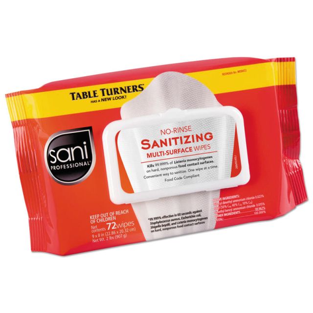 Sani Professional Table Turners No-Rinse Sanitizing Multi-Surface Wipes, 9in x 8in, 25.63 Oz, 72 Wipes Per Pack, Carton Of 12 Packs MPN:M30472