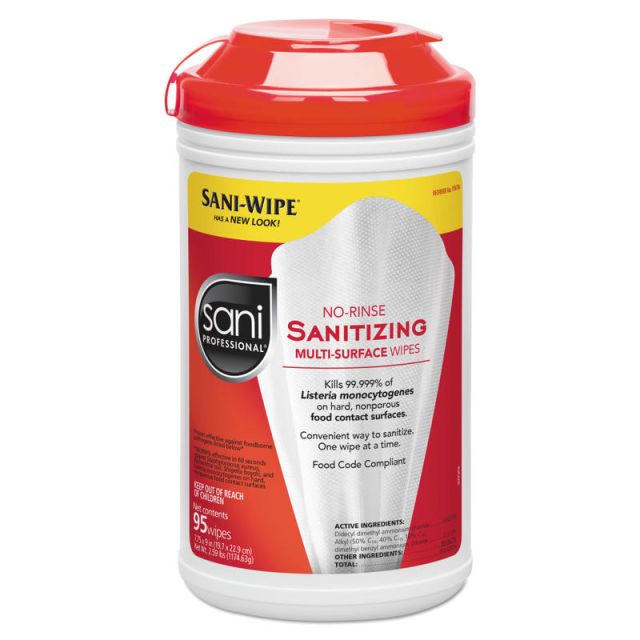 Sani Professional Table Turners No-Rinse Sanitizing Wipes, 18 Oz, 95 Wipes Per Canister, Pack Of 6 Canisters MPN:P56784