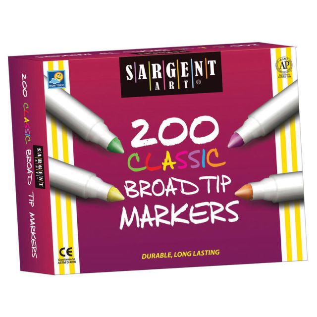 Sargent Art Classic Broad Tip Markers, White Barrels, Assorted Ink Colors, Box Of 200 Markers MPN:SAR221527