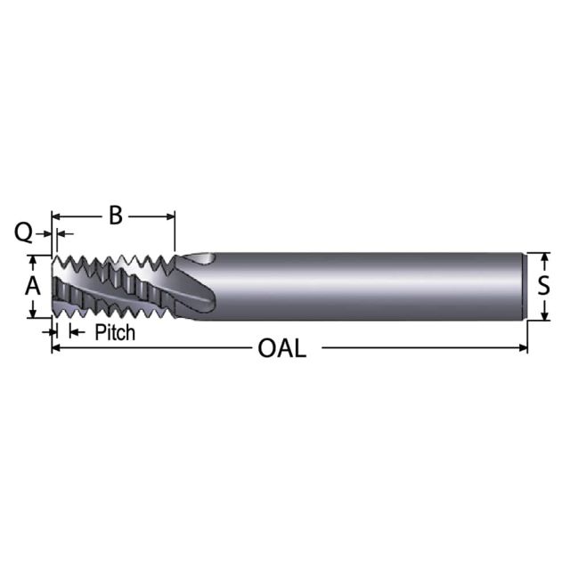 Helical Flute Thread Mill: 7/16-14, Internal & External, 4 Flute, 3/8