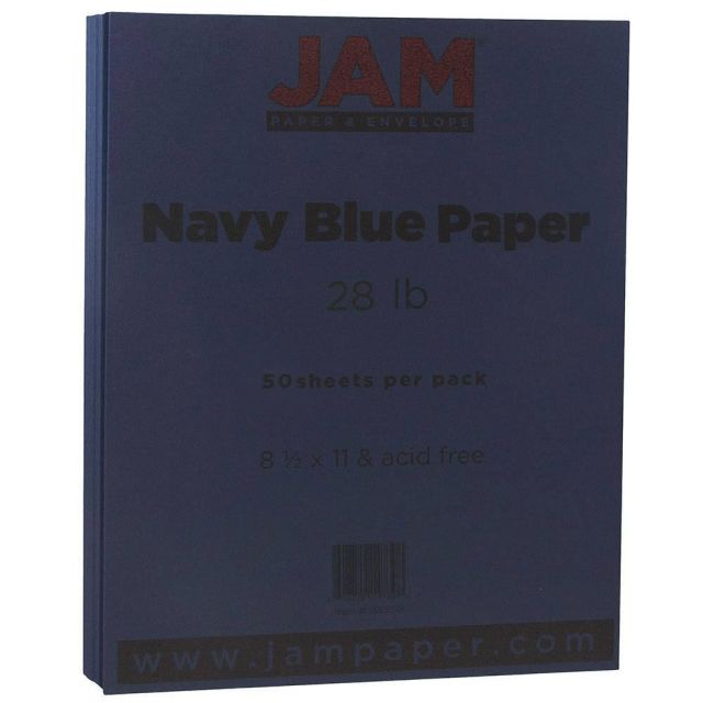 JAM Paper Color Multi-Use Printer & Copier Paper, Letter Size (8 1/2in x 11in), Pack Of 50 Sheets, 28 Lb, Navy Blue (Min Order Qty 2) MPN:156550