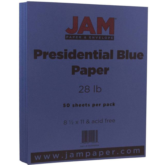 JAM Paper Color Multi-Use Printer & Copier Paper, Letter Size (8 1/2in x 11in), Pack Of 50 Sheets, 28 Lb, Presidential Blue (Min Order Qty 3) MPN:563916924