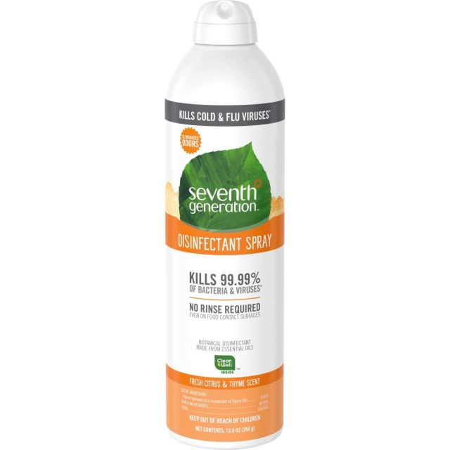 Seventh Generation Disinfectant Cleaner - Spray - 13.9 fl oz (0.4 quart) - Fresh Citrus & Thyme Scent - 1 Each - Clear (Min Order Qty 7) MPN:22980