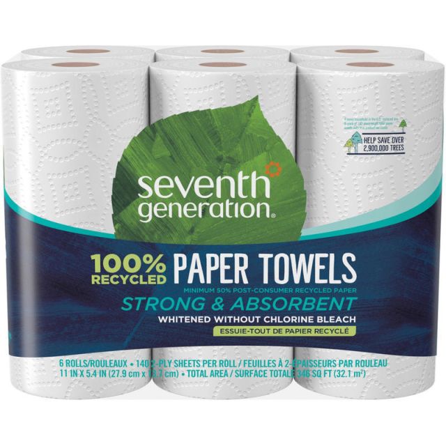 Seventh Generation 100% Recycled Paper Towels - 2 Ply - 11in x 5.40in - 140 Sheets/Roll - White - Paper - Dye-free, Fragrance-free, Non-chlorine Bleached, Absorbent - For Home, School, Office - 140 - 24 / Carton MPN:13731CT