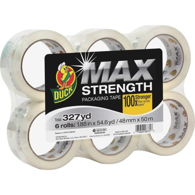 Duck Brand Brand Max Strength Packaging Tape - 54.60 yd Length x 1.88in Width - 3.1 mil Thickness - 6 / Pack - Clear MPN:241513