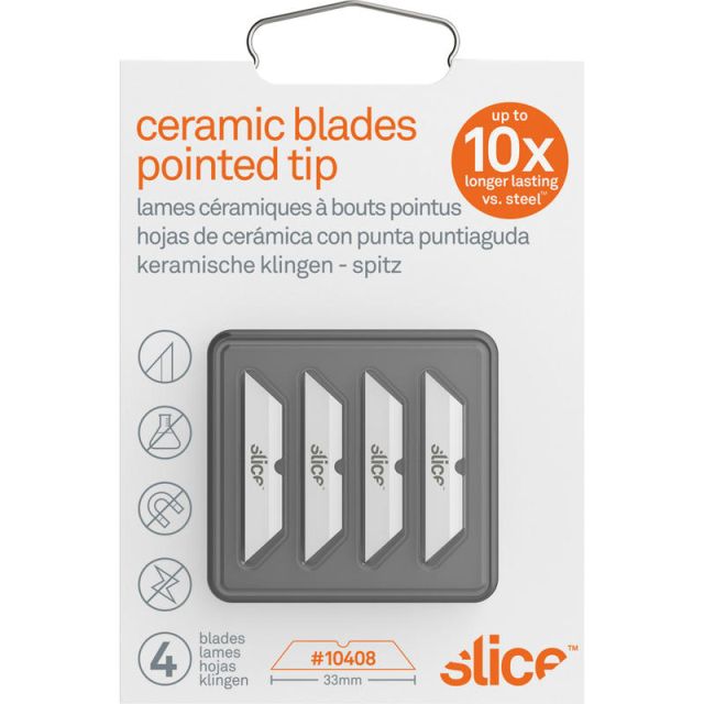 Slice Pointed Tip Ceramic Cutter Blades - 1.30in Length - Pointed Tip, Rust Resistant, Dual-sided, Non-magnetic, Non-conductive, Reversible, Non-sparking - Zirconium Oxide - 4 / Pack - White (Min Order Qty 4) MPN:SLI10408