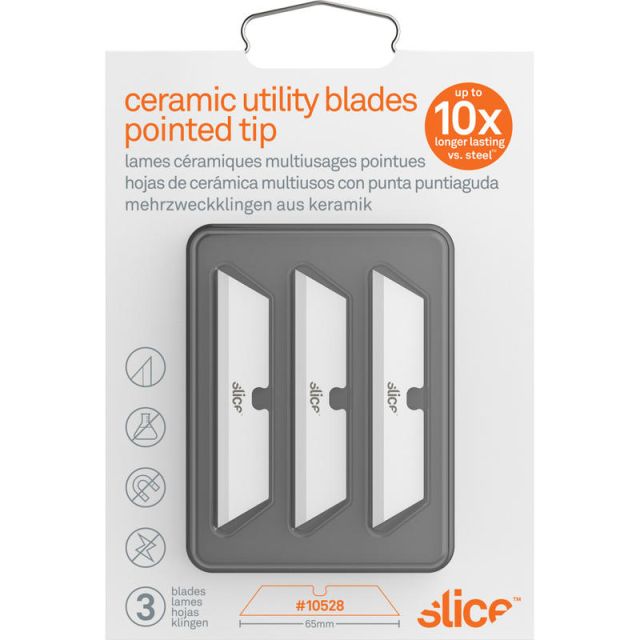 Slice Pointed Tip Ceramic Utility Blades - 2.60in Length - Pointed Tip, Non-conductive, Non-magnetic, Reversible, Retractable, Rust Resistant, Non-sparking - Zirconium Oxide - 3 / Pack - White (Min Order Qty 4) MPN:SLI10528