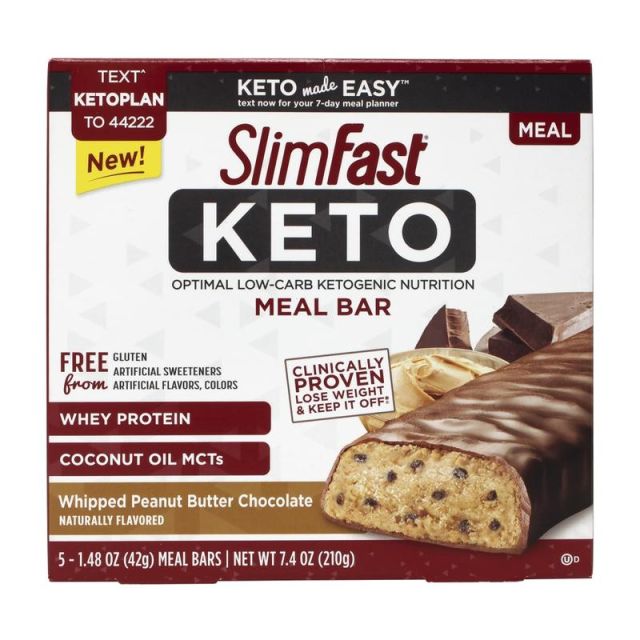 SLIM FAST Keto Meal Bar Whipped Peanut Butter Chocolate, 1.48 oz, 5 Count, 2 Pack (Min Order Qty 2) MPN:87451