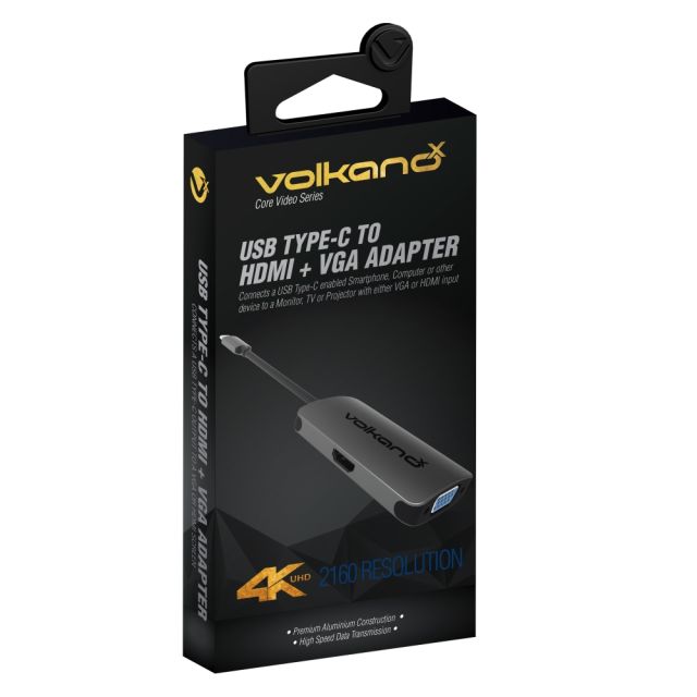 VolkanoX Core Video USB Type-C To HDMI/VGA Adapter, Black, VK-20044-CH (Min Order Qty 2) MPN:VK-20044-CH