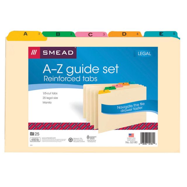 Smead Legal-Size Manila File Guides, Alphabetical, Assorted Color Tabs, Pack Of 25 (Min Order Qty 3) MPN:S225-25MC