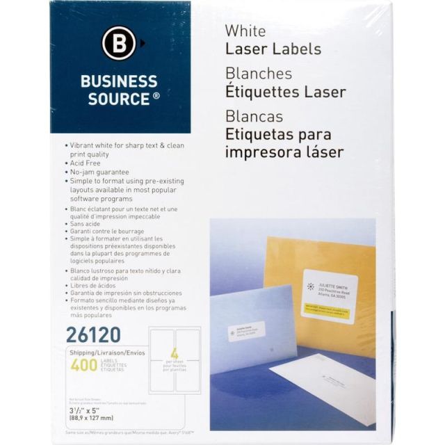 Business Source Bright White Premium-quality Address Labels - 3 1/2in x 5in Length - Permanent Adhesive - Rectangle - Laser, Inkjet - White - 4 / Sheet - 100 Total Sheets - 400 / Pack - Lignin-free, Jam-free (Min Order Qty 2) MPN:26120