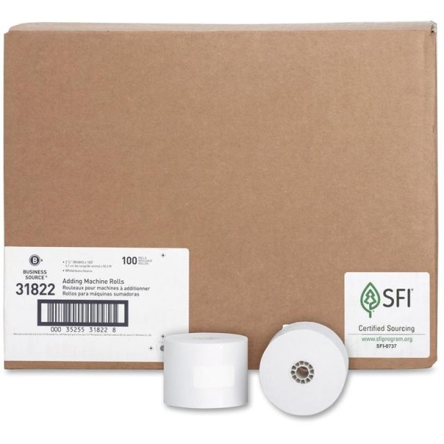 Business Source 1-Ply 2-1/4inx165ft Adding Machine Rolls - 2 1/4in x 165 ft - 100 / Carton - Sustainable Forestry Initiative (SFI) - Lint-free - White MPN:31822
