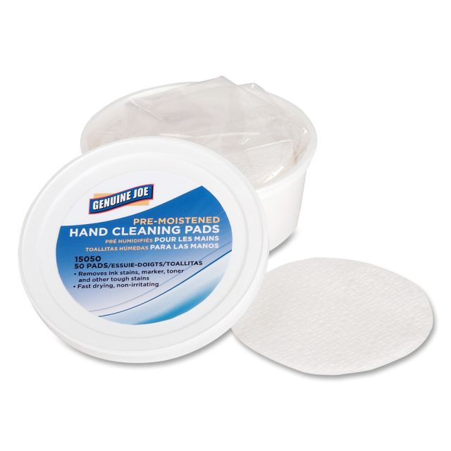 Genuine Joe Pre-moistened Hand Cleaning Pads - 3in Roll Diameter - White - Quick Drying, Pre-moistened, Non-irritating - For Multi Surface, Hand, Tools - 50 Per Pack - 72 / Carton MPN:15050CT