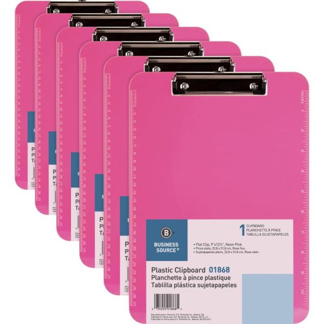 Business Source Flat Clip Plastic Clipboard - 9in x 12in - Plastic - Neon Pink - 6 / Bundle (Min Order Qty 4) MPN:01868BD