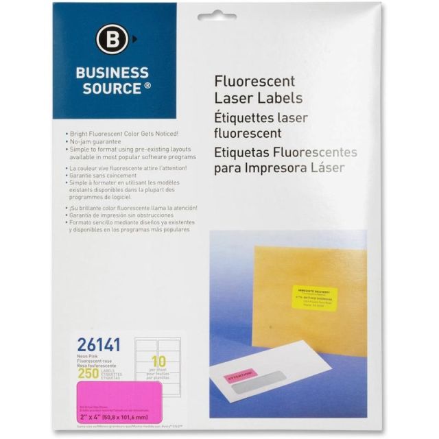 Business Source Neon Labels - 2in x 4in Length - Permanent Adhesive - Rectangle - Laser - Neon Pink - 10 / Sheet - 250 / Pack - Jam-free, Pressure Sensitive (Min Order Qty 4) MPN:26141