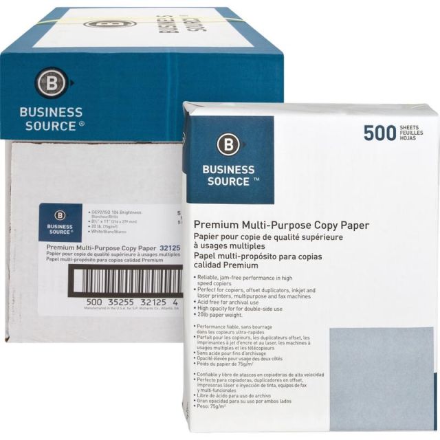 Business Source Premium Multi-Use Printer & Copier Paper, Letter Size (8 1/2in x 11in), 2500 Sheets Total, 92 (U.S.) Brightness, 20 Lb, 500 Sheets Per Ream , Case Of 5 Reams (Min Order Qty 2) MPN:32125