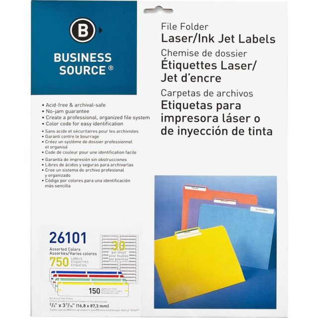 Business Source Laser/Inkjet File Folder Labels - 21/32in x 3 7/16in Length - Permanent Adhesive - Rectangle - Laser, Inkjet - Assorted - 30 / Sheet - 750 / Pack - Jam-free, Lignin-free, Self-adhesive (Min Order Qty 3) MPN:26101