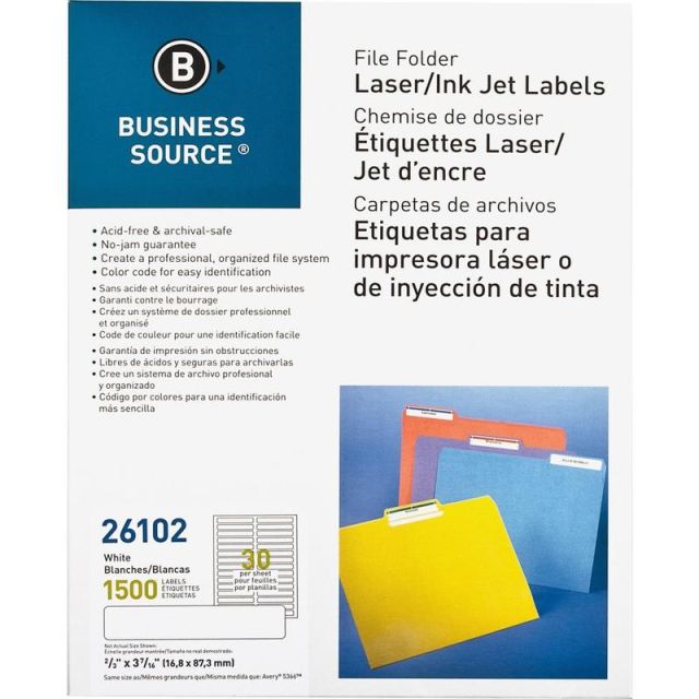 Business Source Laser/Inkjet File Folder Labels - 21/32in Width x 3 7/16in Length - Permanent Adhesive - Rectangle - Laser, Inkjet - White - Paper - 30 / Sheet - 1500 / Pack - Jam-free, Lignin-free, Self-adhesive (Min Order Qty 2) MPN:26102