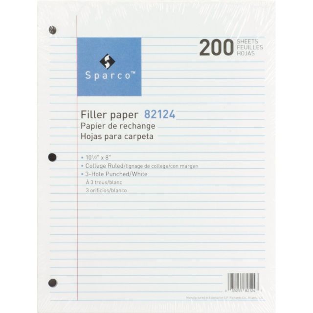 Sparco Filler Paper, 8in x 10 1/2in, 16 Lb, College Ruled, White (Min Order Qty 9) MPN:82124