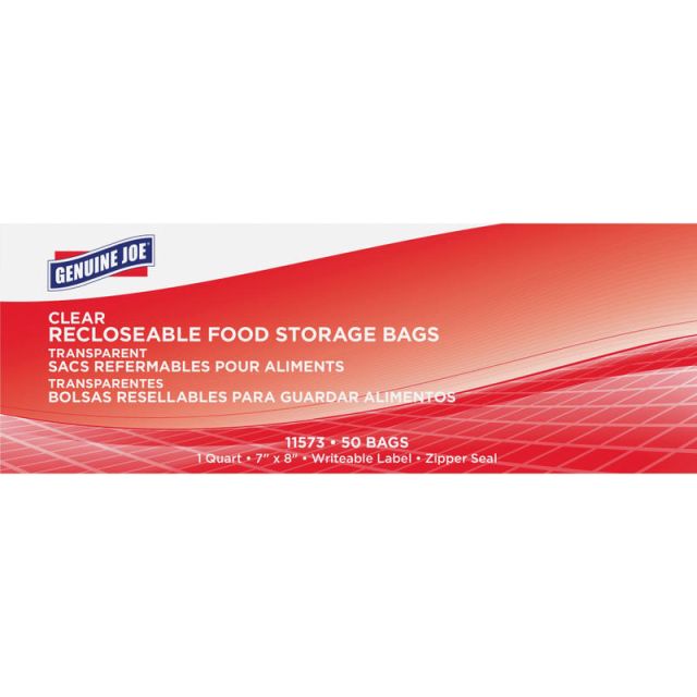 Genuine Joe Food Storage Bags - 1 quart Capacity - 7in Width x 8in Length - 1.75 mil (44 Micron) Thickness - Clear - 9/Carton - 50 Per Box - Food, Beef, Seafood, Poultry, Vegetables (Min Order Qty 2) MPN:11573CT