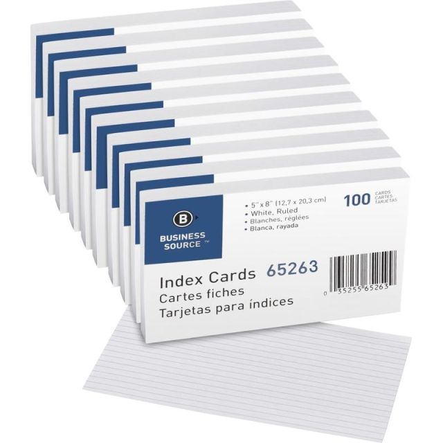 Business Source Ruled White Index Cards - Front Ruling Surface - Ruled - 72 lb Basis Weight - 5in x 8in - White Paper - 500 / Box (Min Order Qty 4) MPN:65263BX