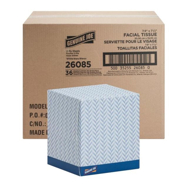 Genuine Joe Cube Box Facial Tissue - 2 Ply - Interfolded - White - Soft, Comfortable, Smooth - For Face, Skin, Home, Office, Business - 85 Per Box - 36 / Carton MPN:26085