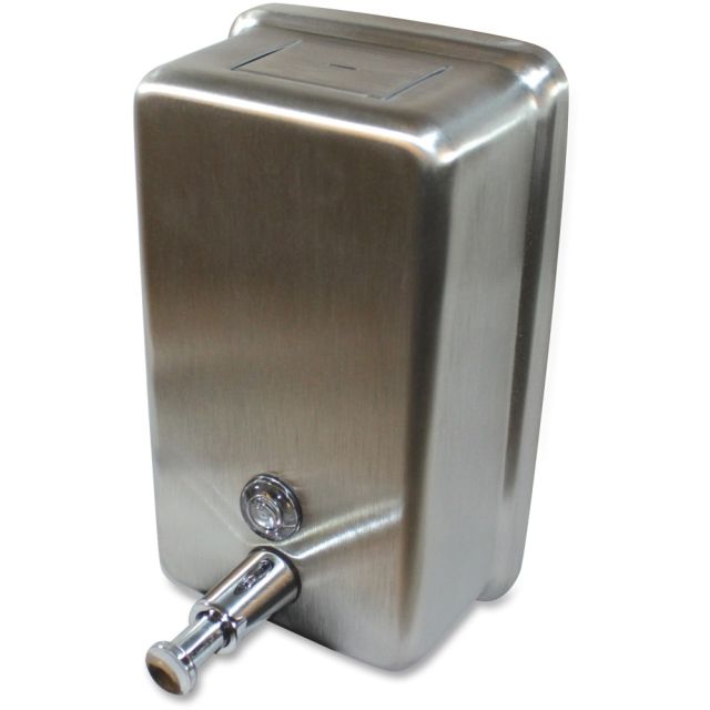 Genuine Joe Stainless Vertical Soap Dispenser - Manual - 1.25 quart Capacity - Tamper Proof, Theft Proof, Refillable - Stainless Steel - 1Each MPN:85134