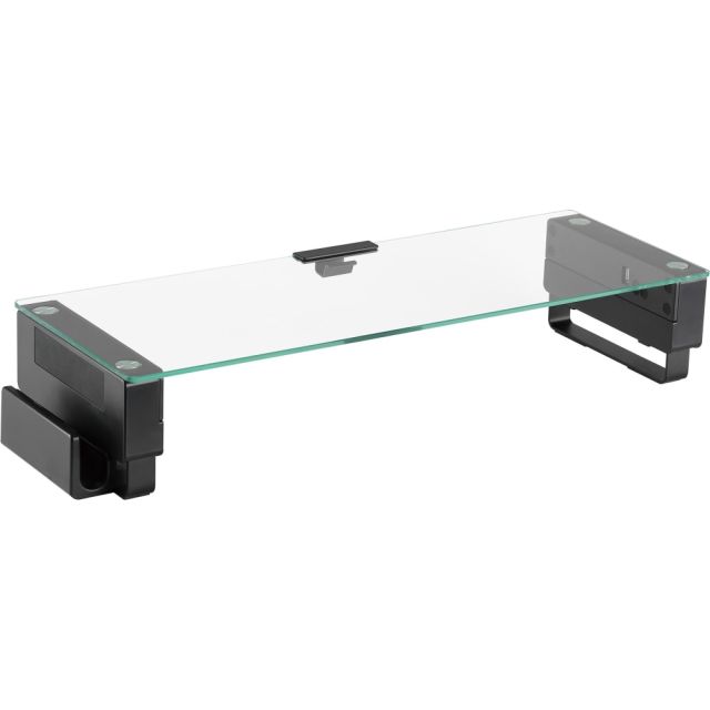 Lorell Single Shelf USB Glass Monitor Stand - 44 lb Load Capacity - 1 x Shelf(ves) - 3.7in Height x 24.1in Width x 8.3in Depth - Desktop - Glass - Black MPN:99532